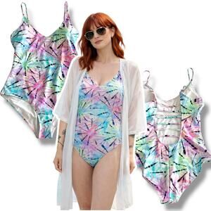 Bingo Surf Bathing Swim Suit Large 1-Piece Strappy Back Pastel Tie Dye NEW NWT